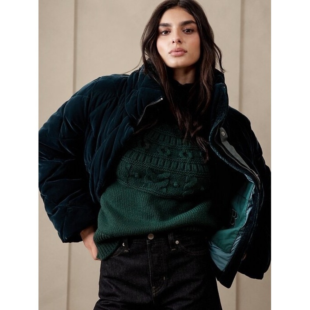 Banana Republic‎ Womens Velvet Puffer Jacket Teal Green Quilted Coat Size Large